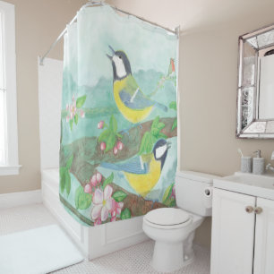 Birds singing on a blossoming tree branch shower curtain