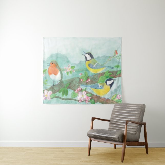 Birds singing on a blossoming tree branch  tapestry (In Situ (Horizontal))