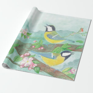 Birds singing on a blossoming tree branch wrapping paper