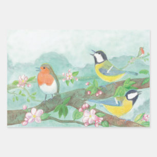 Birds singing on a blossoming tree branch  wrapping paper sheet
