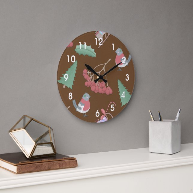 Birds, Sleds and Holly Christmas Large Clock (Office)