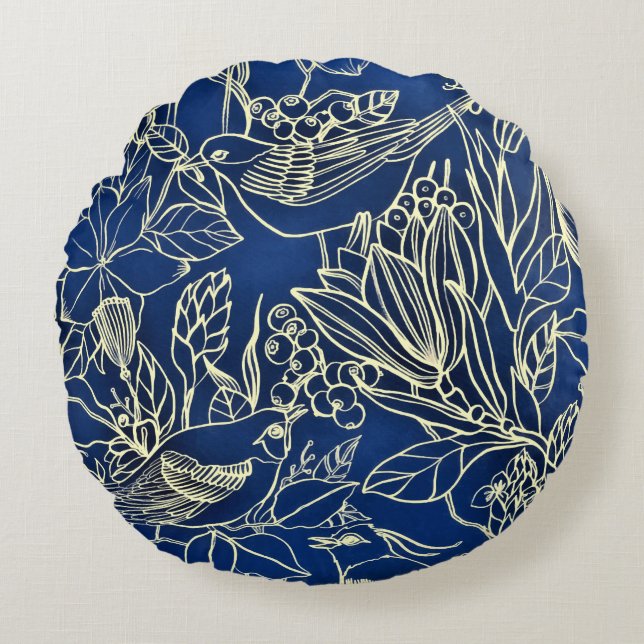 Birds Spring Floral Blossom Blue Glitter Round Cushion (Front)