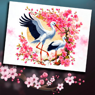 Birds stork Asian nature sakura oriental decor Postcard
