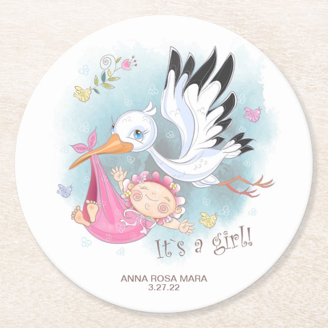 *~*  Birds Stork Baby Girl Flowers Baby Shower Round Paper Coaster (Front)