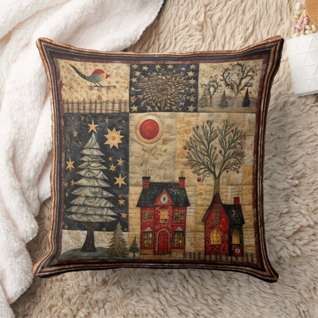 Birds Sun Christmas Quilt Red Houses Trees Stars Cushion (Blanket)