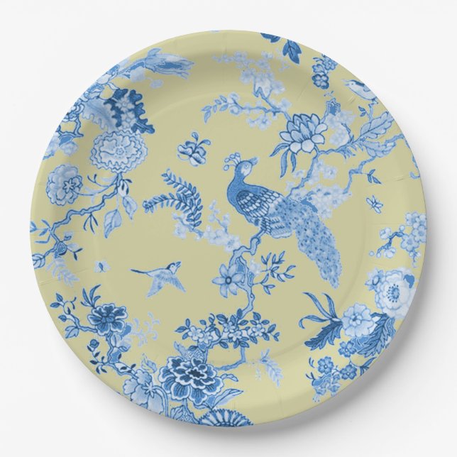 Birds Toile Blue & Mustard Paper Plate (Front)