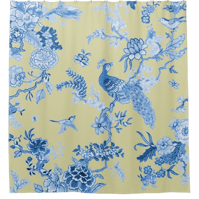 Birds_Toile_Blue & Mustard Shower Curtain (Front)