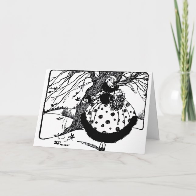 BIRDS TREE AND CHRISTMAS LADY Black White Red Gem Holiday Card (Front)