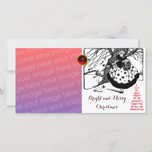 BIRDS TREE AND CHRISTMAS LADY Black White Red Gem Holiday Card (Front)
