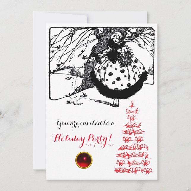 BIRDS TREE AND CHRISTMAS LADY Black White Red Gem Invitation (Front)