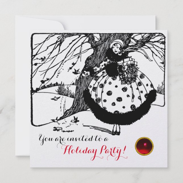 BIRDS TREE AND CHRISTMAS LADY Black White Red Gem Invitation (Front)