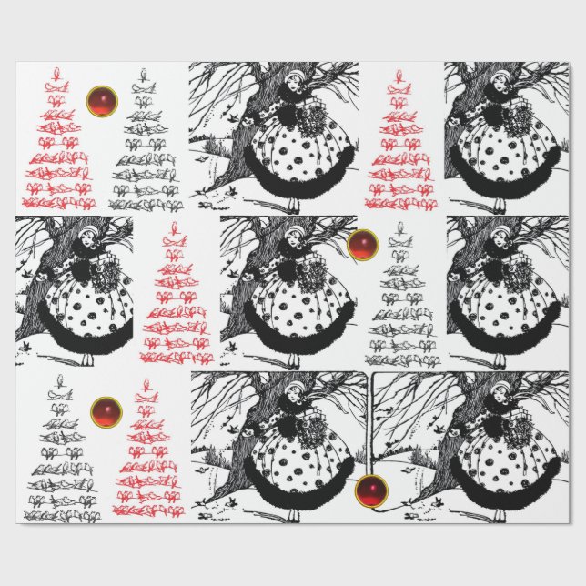 BIRDS TREE AND CHRISTMAS LADY Black White Red Gems Wrapping Paper (Flat)