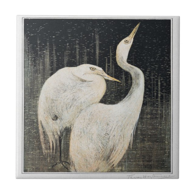 Birds Two Egrets Victorian Art Tile (Front)