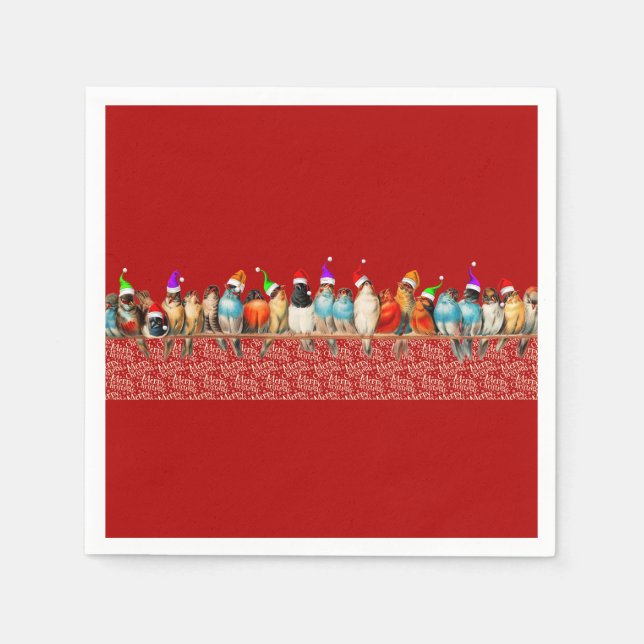 Birds Wearing Santa Hats Sitting on a Perch    Napkin (Front)