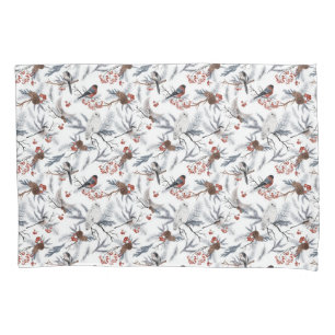 Birds White Grey Silver Branch Red Berries Nature Pillowcase