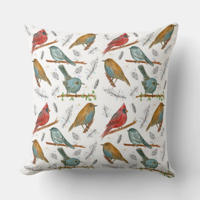 Birds Wildlife Ink Watercolor Illustrations Cushion (Front)
