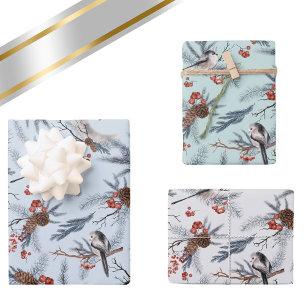 Birds Winter Foliage Botanical Watercolor Pattern  Wrapping Paper Sheet
