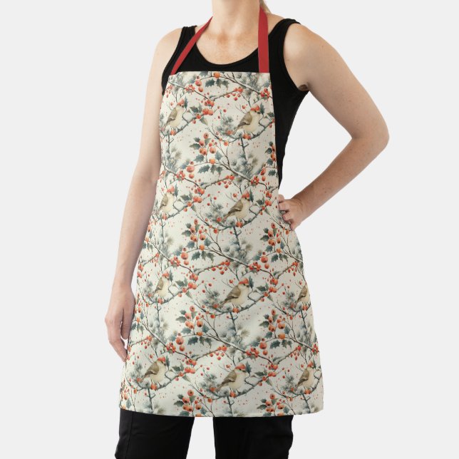 Birds Winter Holly Red Berries Christmas Holiday Apron (Insitu)