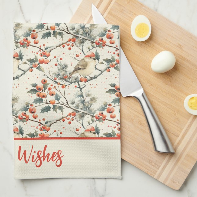 Birds Winter Holly Red Berries Christmas Holiday Tea Towel (Quarter Fold)