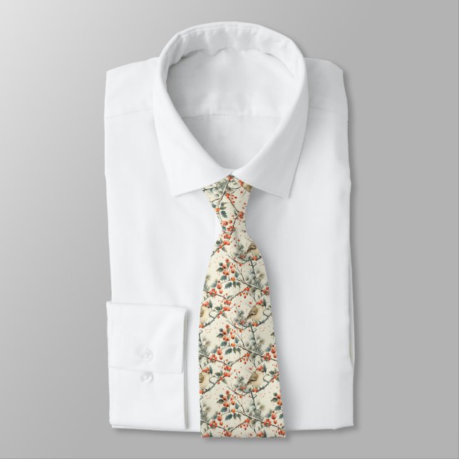Birds Winter Holly Red Berries Christmas Holiday Tie (Tied)