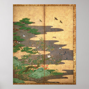 Birds with Autumn and Winter flowers Poster