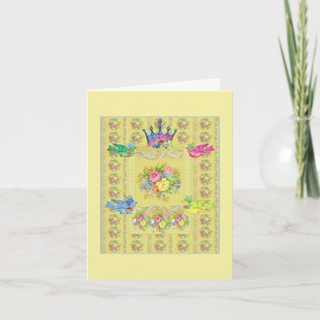 Birds with Crown on Yellow Gold Thank You Card (Front)