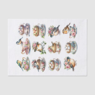 Birds with Hats and Nests in Teacups Fussy Cuts Tissue Paper