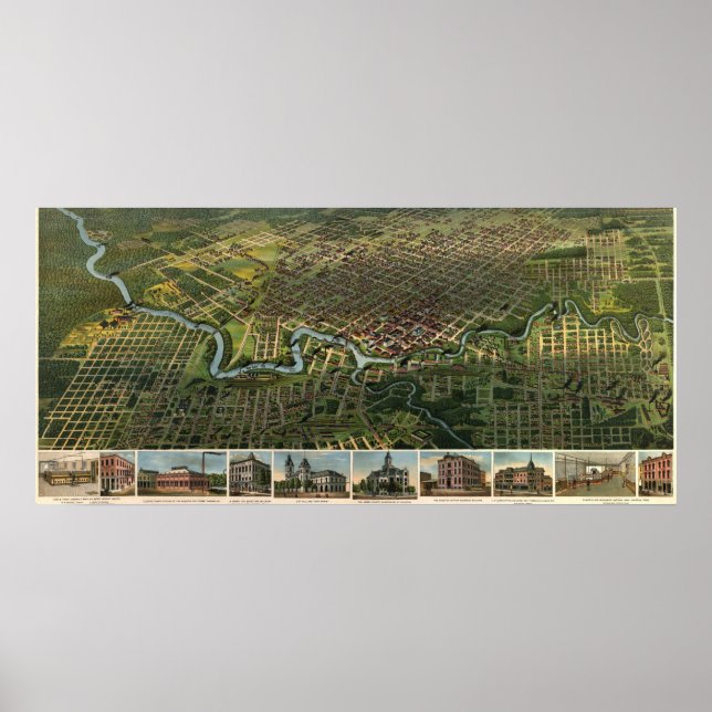 Birdseye map of Houston, Texas (1891) reprint Poster (Front)