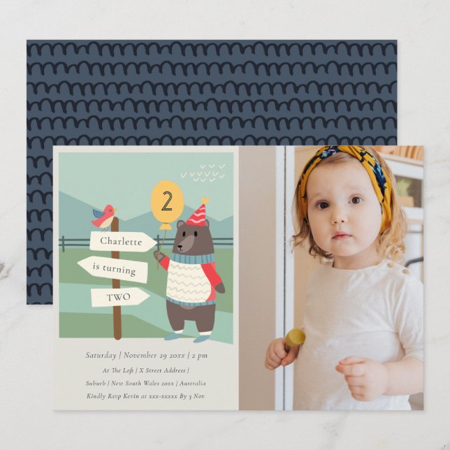 Birdy Bear Milestone Any Age Photo Birthday Invite (Front/Back)