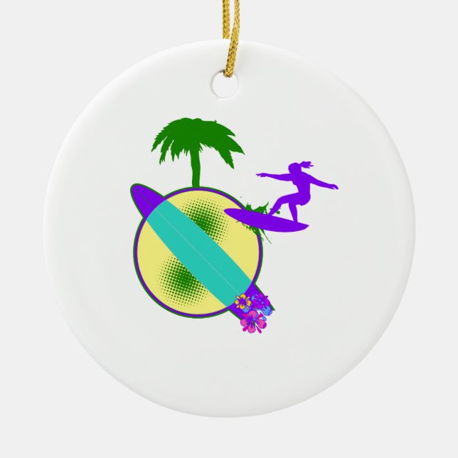 birght pastel surfer girl ceramic tree decoration (Front)