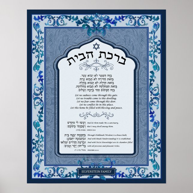 Birkat Habayit Hebrew English Blue Baroque Frame Poster (Front)
