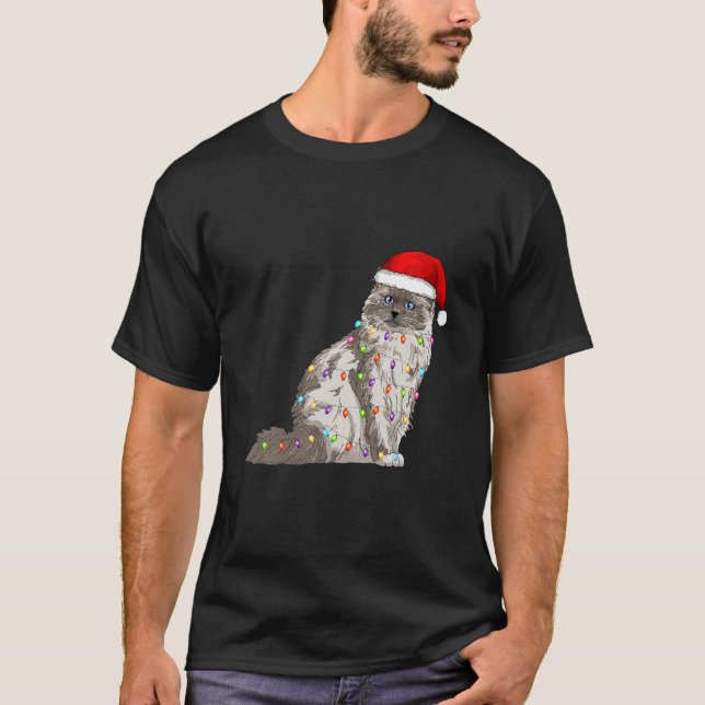 Birman Cat Christmas Santa Hat Xmas Lights Cat Lov T-Shirt (Front)