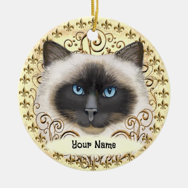 Birman Cat Fleur De Lis  Ceramic Tree Decoration (Front)
