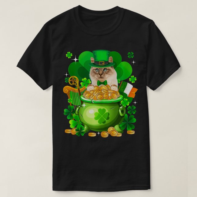 Birman Cat Gold Pot Shamrock St Patricks Day  T-Shirt (Design Front)