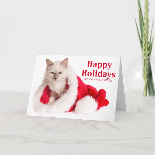 Birman Cat In Santa Hat Holiday Card (Front)