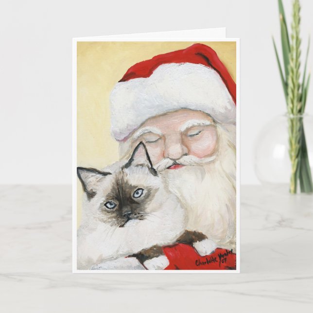 "Birman Cat & Santa" Art  Christmas Card (Front)