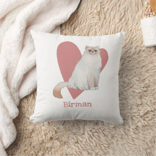 Birman Cat Watercolor Kitty Pink Heart Cushion