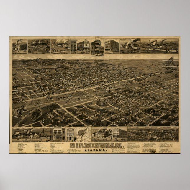 Birmingham Alabama 1885 Antique Panoramic Map Poster (Front)