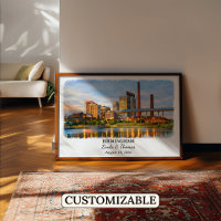 Birmingham Alabama Poster, Watercolor, Custom