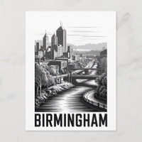 Birmingham Alabama Skyline Black White Woodcut