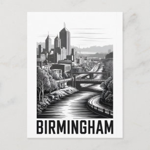 Birmingham Alabama Skyline Black White Woodcut Holiday Postcard