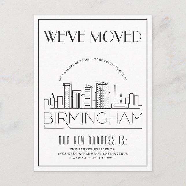  Birmingham Skyline Modern Deco Change of Address Announcement Postcard (Front)