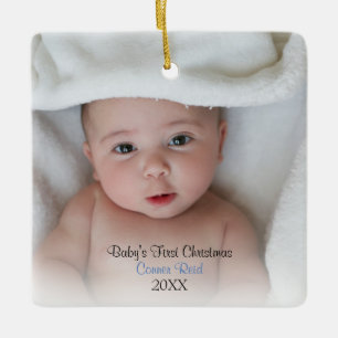 Birth Announcement   Baby Boy Photo Christmas Ceramic Ornament