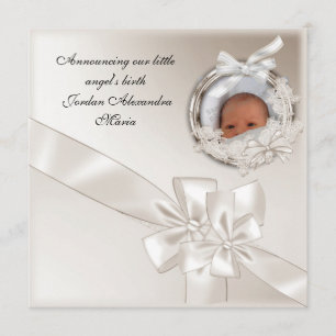 Birth Announcement Beige Photo Frame Bow