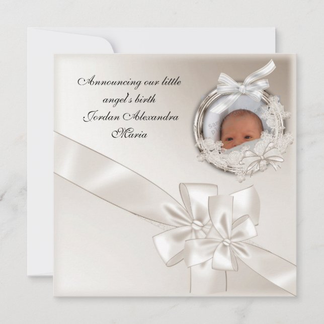 Birth Announcement Beige Photo Frame Bow (Front)