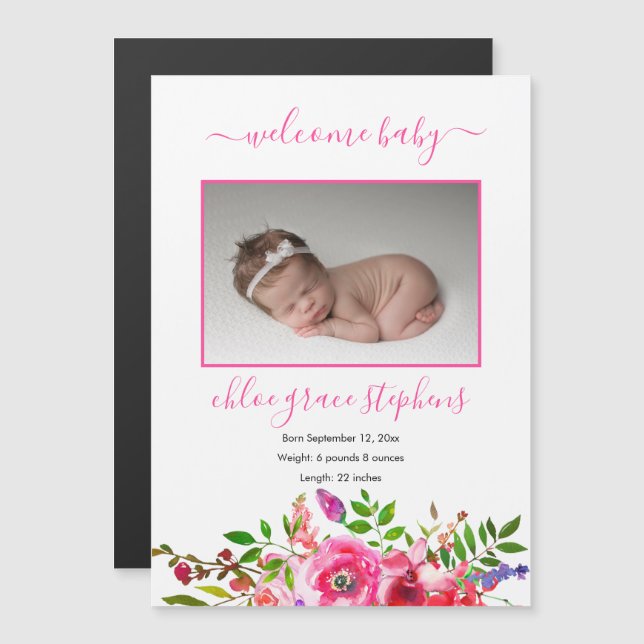 Birth Announcement - Boho Pink Floral Baby Girl (Front/Back)