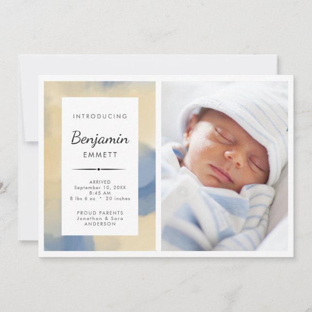 Birth Announcement Boy Blue Watercolor Photo (Front)