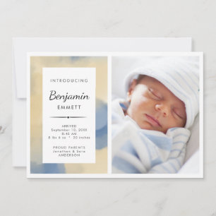 Birth Announcement Boy Blue Watercolor Photo
