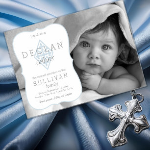 Birth Announcement Boy Photo Fleur de Lis Cross
