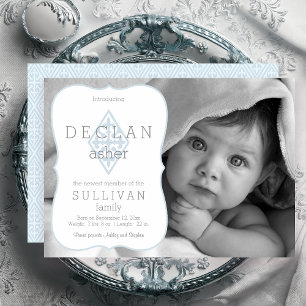 Birth Announcement Boy Photo Fleur de Lis Cross